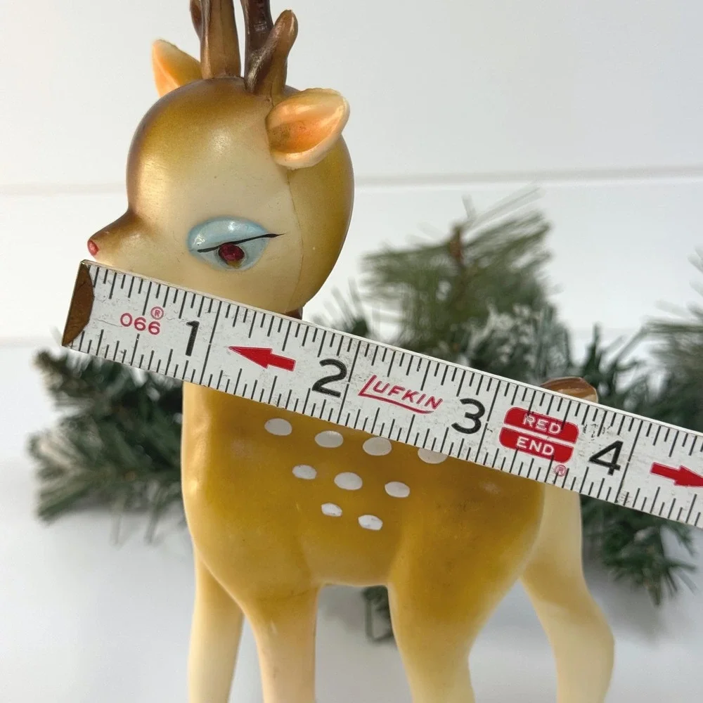 Vintage MCM Rubber Reindeer Figurine Red Rhinestone Eyes Christmas Decor Japan